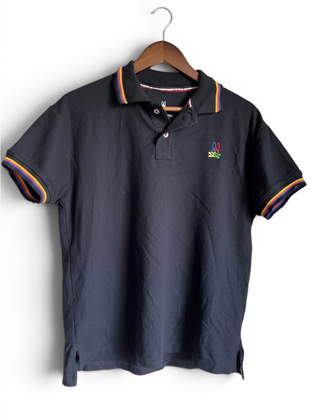 Psycho Bunny Polo Shirt Mens Medium Black Rainbow Stripe Trim Pima Cotton Preppy